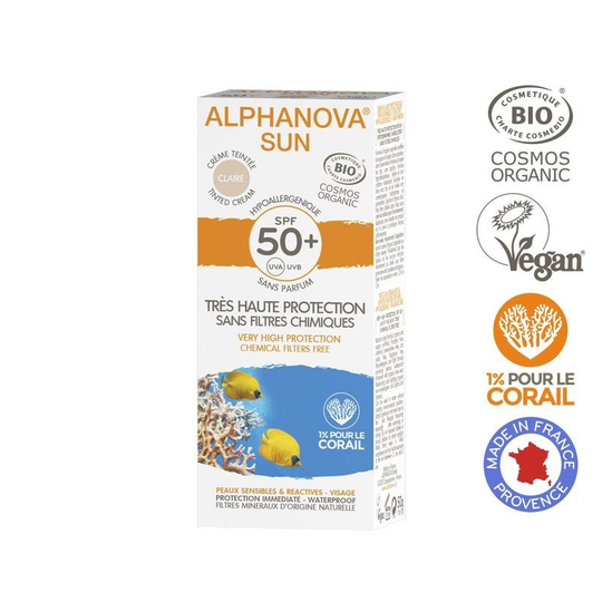 Alphanova Sun Sun getinte zonnebrand SPF50 tegen zonne allergie (50 Gram)