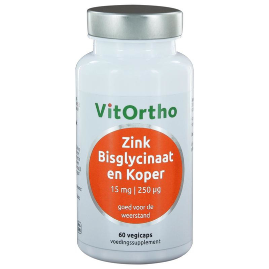 VitOrtho Zink bisglycinaat 15 mg en koper 250 mcg (60 vcaps)