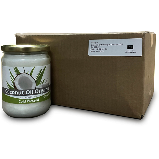 Kokosolie E.V. koud geperst Biologisch 6 x 500 Gram Etiket