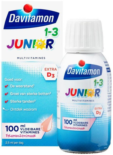 Davitamon Junior 1+ vloeibare vitamines framboos (100 Milliliter)