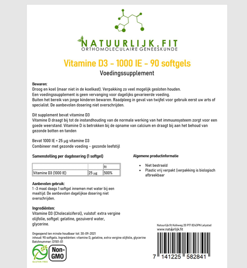 Natuurlijk.fit Vitamine D3 1000IE 90 softgels