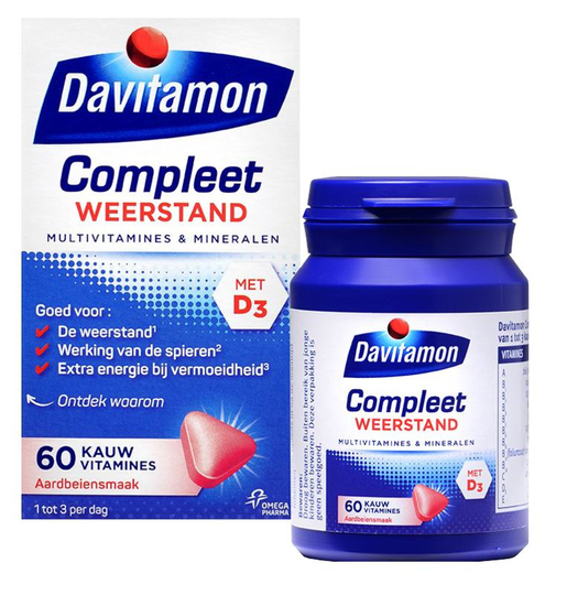 Davitamon Compleet weerstand kauwvitamines aardbei (60 Kauwtabletten)